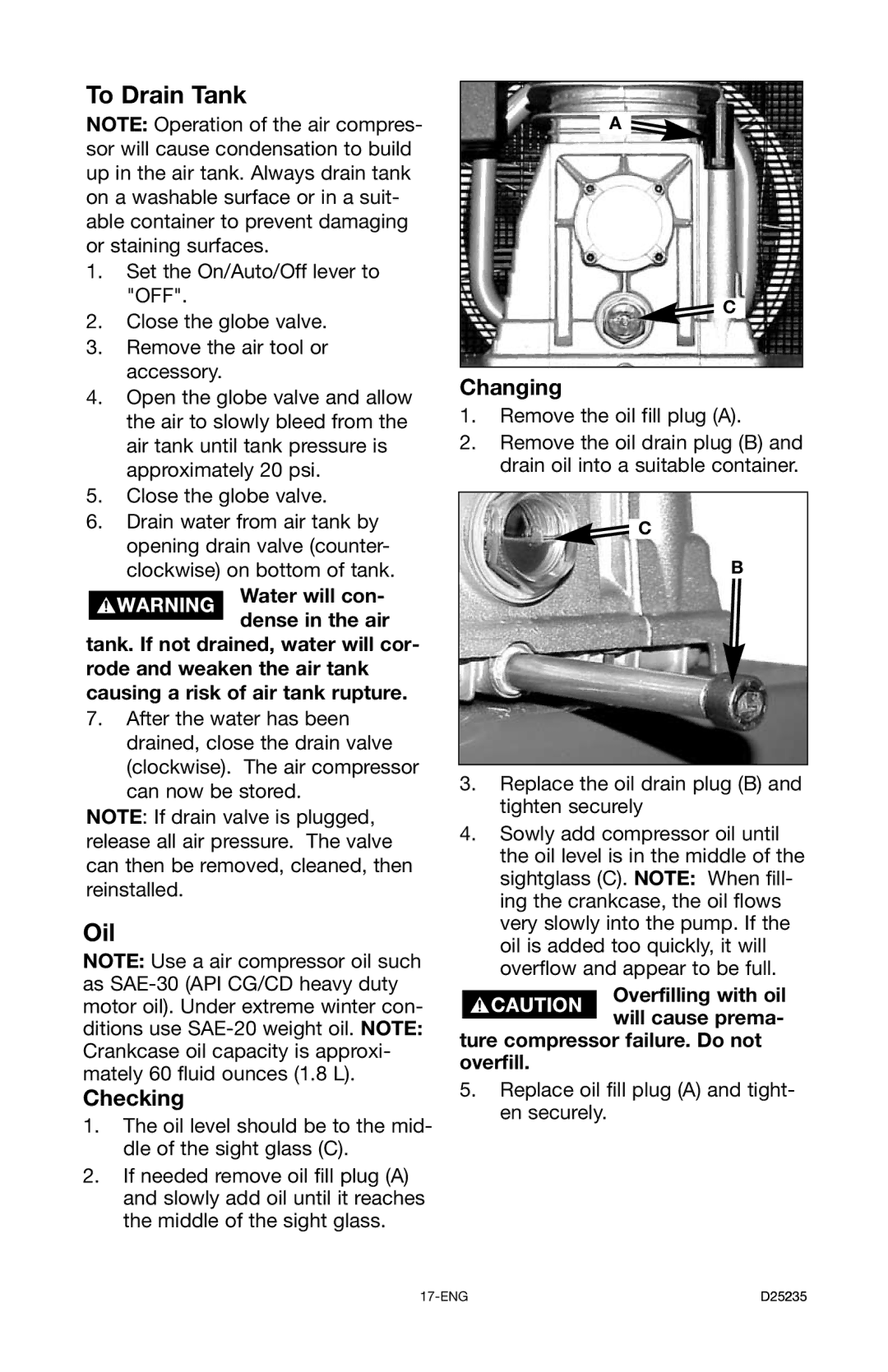 Delta DLKC6580V2, D25235 029-2 instruction manual To Drain Tank, Oil, Checking, Changing 