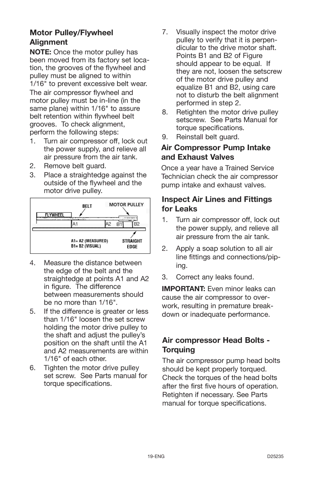 Delta DLKC6580V2, D25235 029-2 Motor Pulley/Flywheel Alignment, Air Compressor Pump Intake and Exhaust Valves 