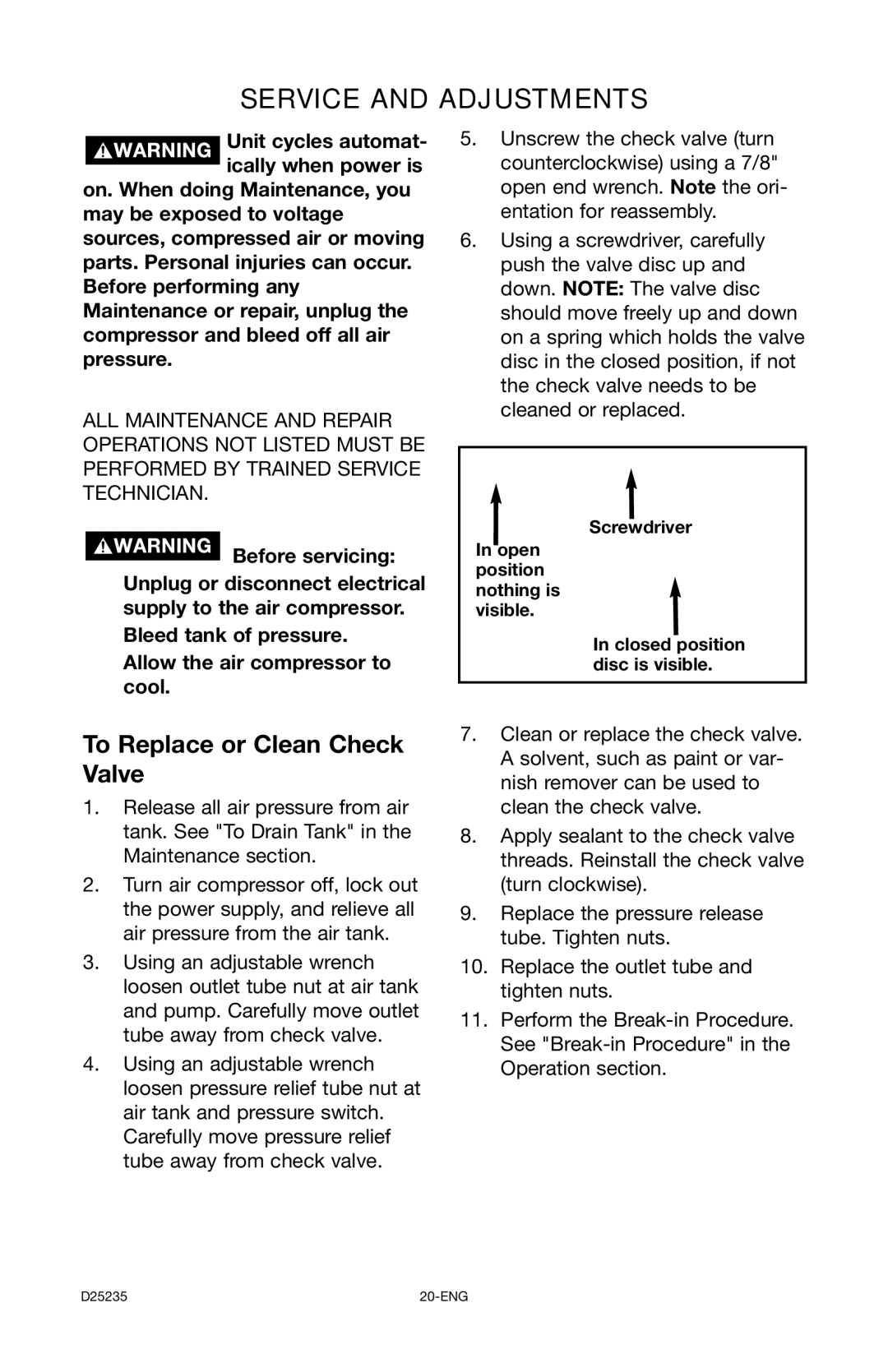 Delta D25235 029-2, DLKC6580V2 instruction manual Service and Adjustments, To Replace or Clean Check Valve 