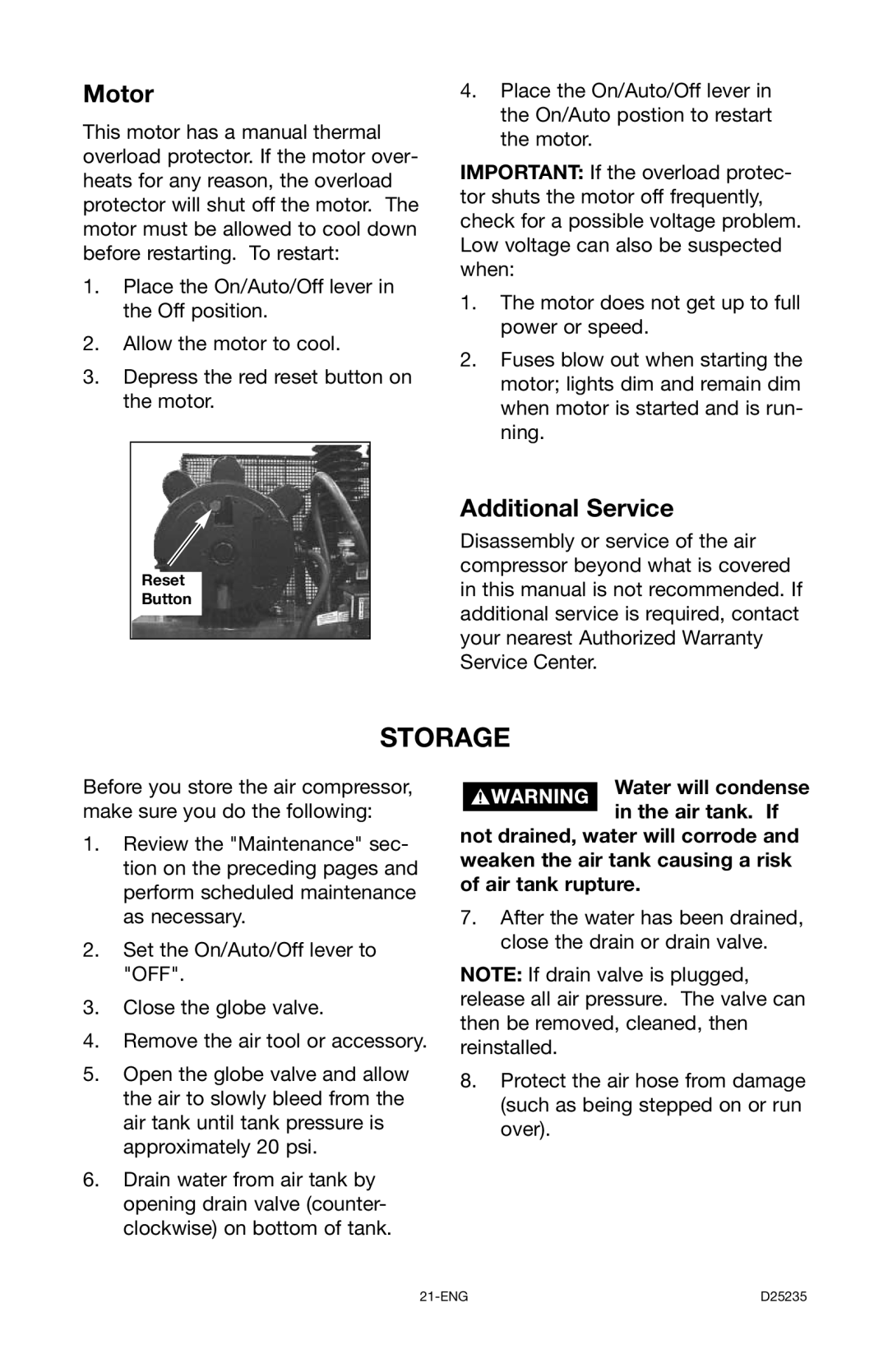 Delta DLKC6580V2, D25235 029-2 instruction manual Storage, Motor, Additional Service 