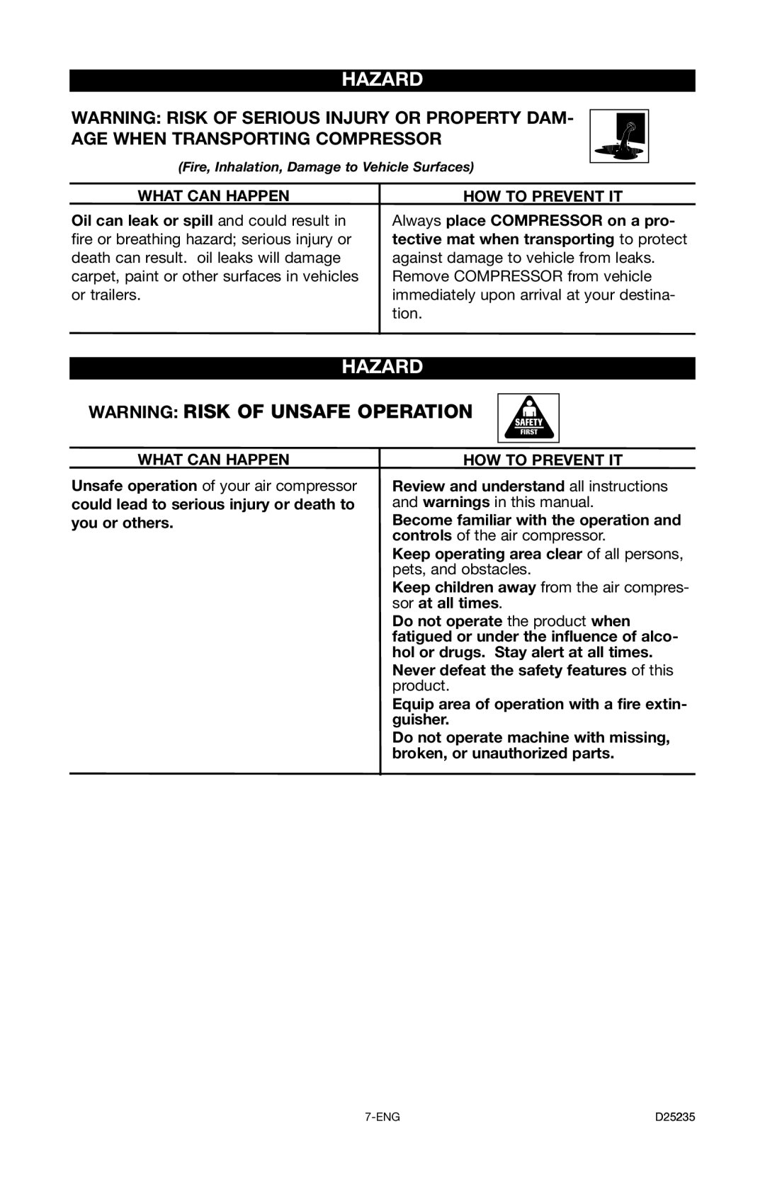 Delta DLKC6580V2, D25235 029-2 instruction manual Fire, Inhalation, Damage to Vehicle Surfaces 