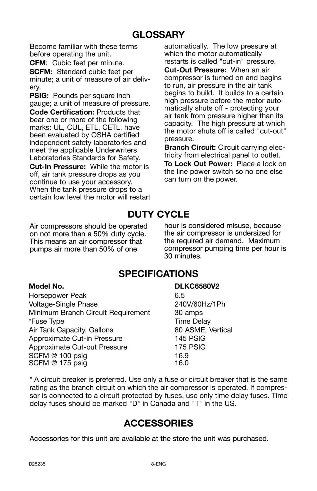 Delta D25235 029-2, DLKC6580V2 instruction manual Glossary, Duty Cycle, Specifications, Accessories 