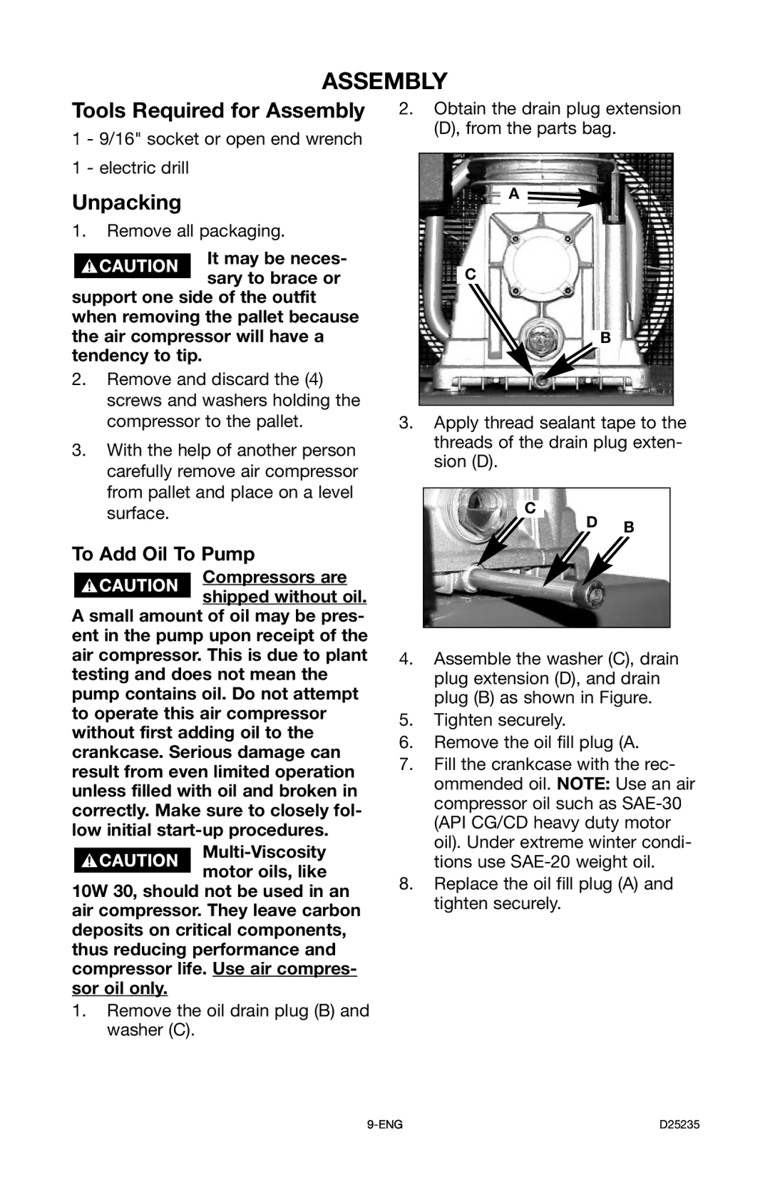 Delta DLKC6580V2, D25235 029-2 instruction manual Tools Required for Assembly, Unpacking, To Add Oil To Pump 