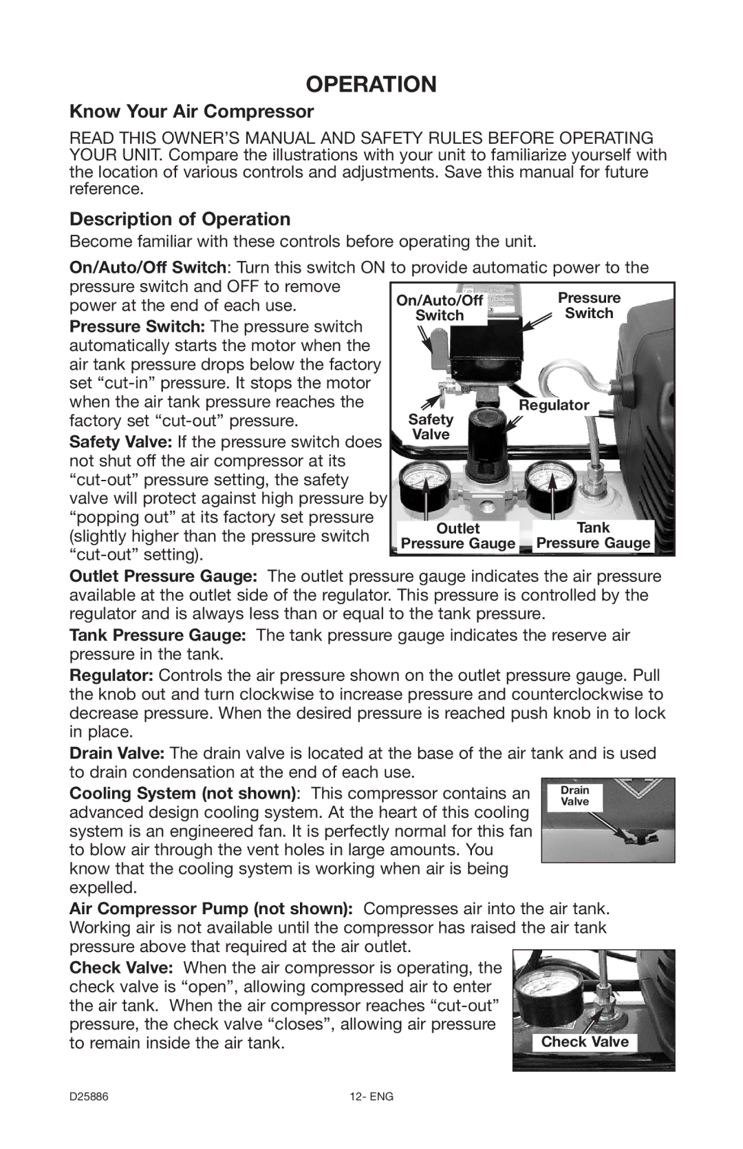 Delta D25886 instruction manual Know Your Air Compressor Description of Operation, Pressure, Regulator, Tank 