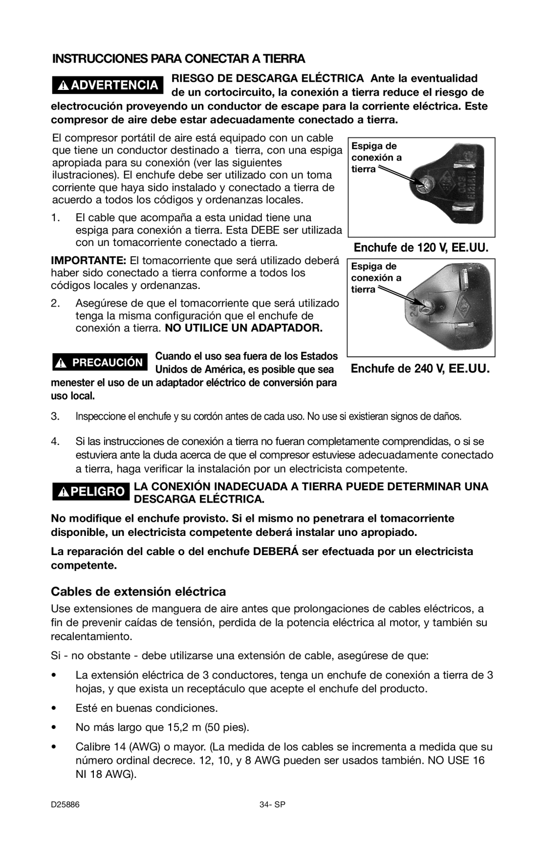 Delta D25886 instruction manual Enchufe de 120 V, EE.UU, Enchufe de 240 V, EE.UU, Cables de extensión eléctrica 