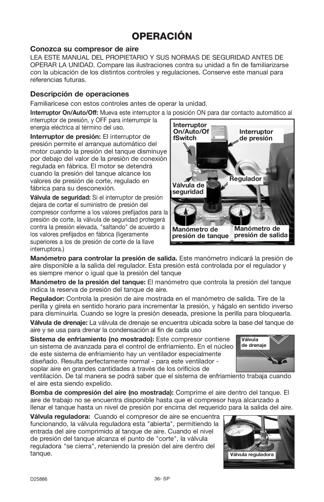 Delta D25886 instruction manual Operación, Conozca su compresor de aire, Descripción de operaciones, Manómetro de 