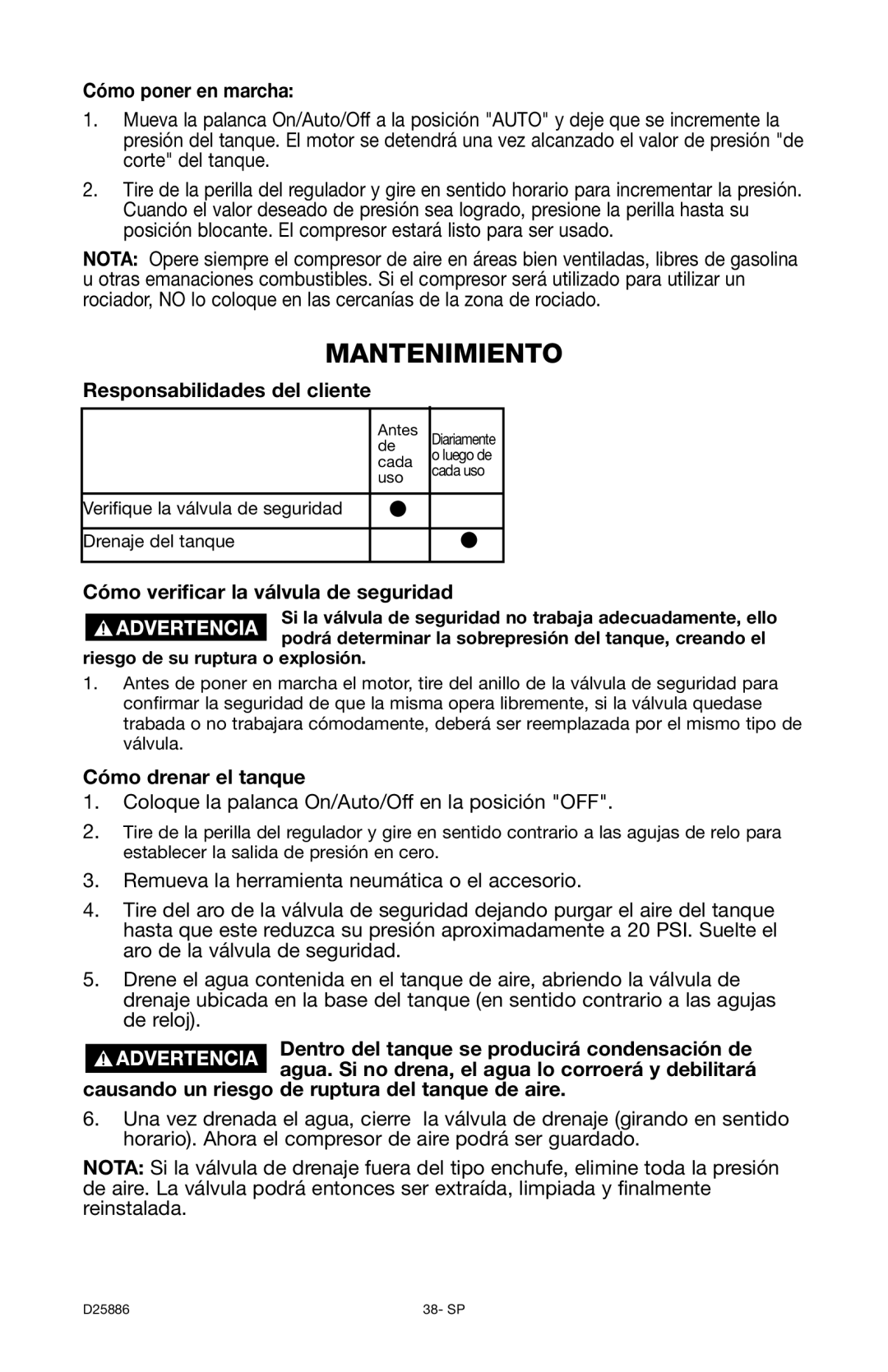 Delta D25886 Mantenimiento, Cómo poner en marcha, Responsabilidades del cliente, Cómo verificar la válvula de seguridad 