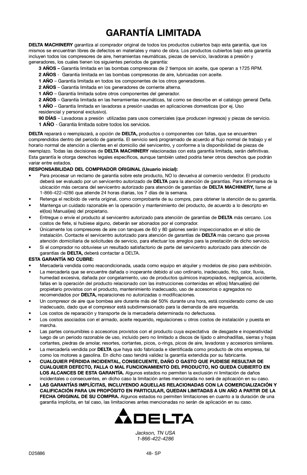 Delta D25886 instruction manual Garantía Limitada, AÑO Garantía limitada sobre todos los servicios 