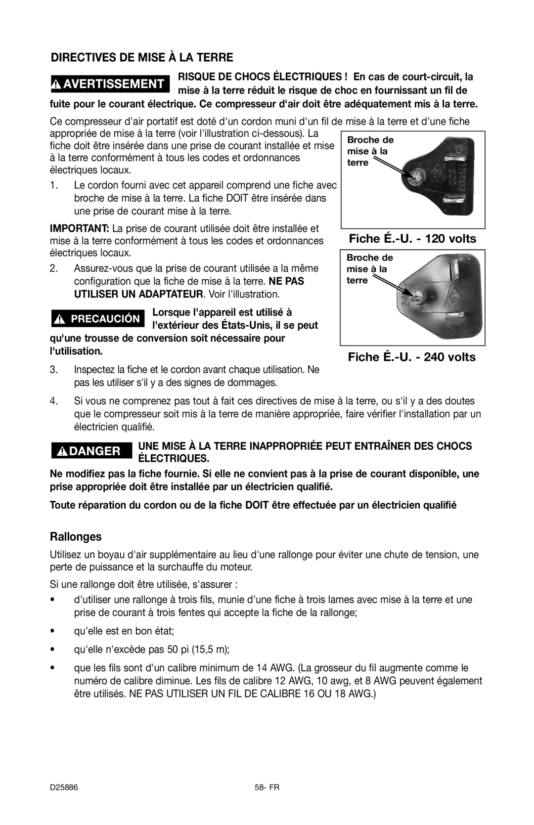 Delta D25886 instruction manual Directives DE Mise À LA Terre, Rallonges 