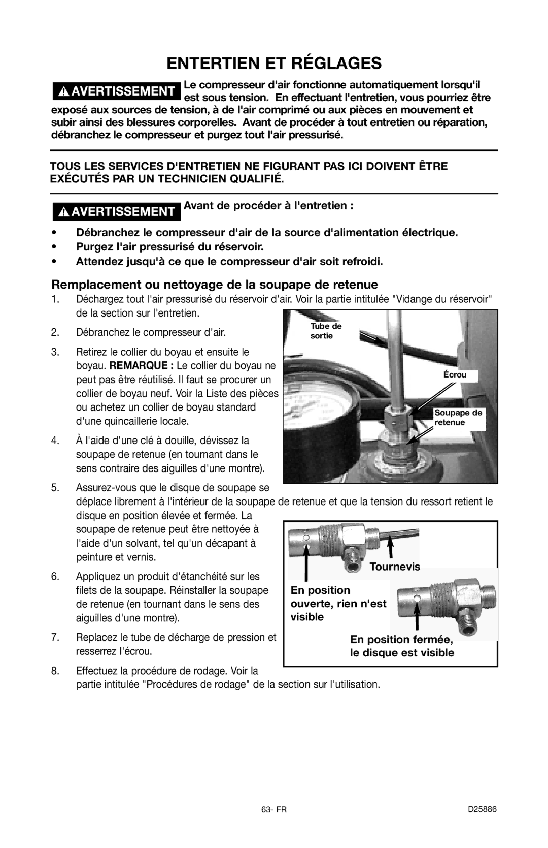 Delta D25886 instruction manual Entertien ET Réglages, Remplacement ou nettoyage de la soupape de retenue 