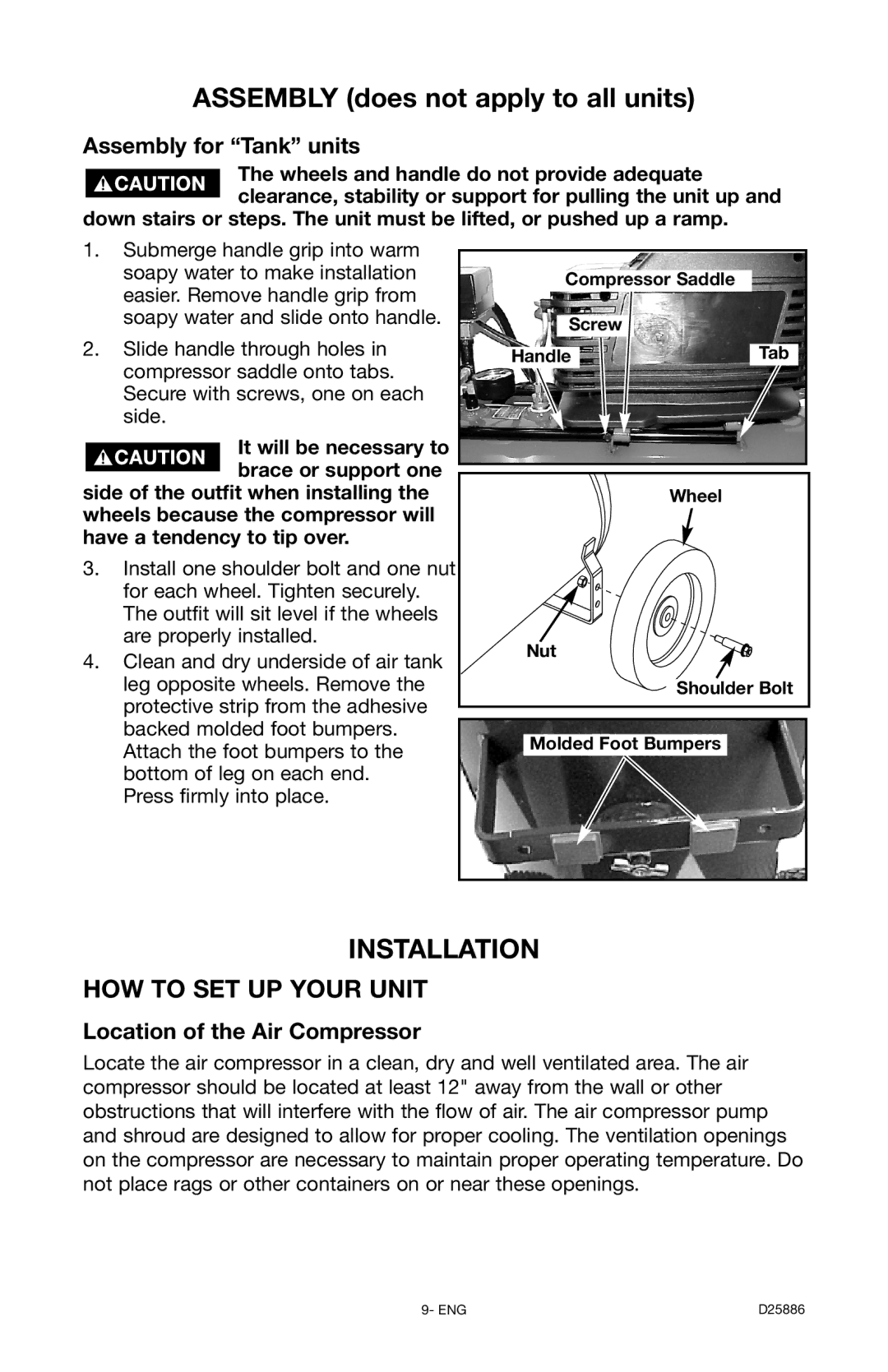 Delta D25886 instruction manual Installation, Assembly for Tank units, Location of the Air Compressor, Molded Foot Bumpers 