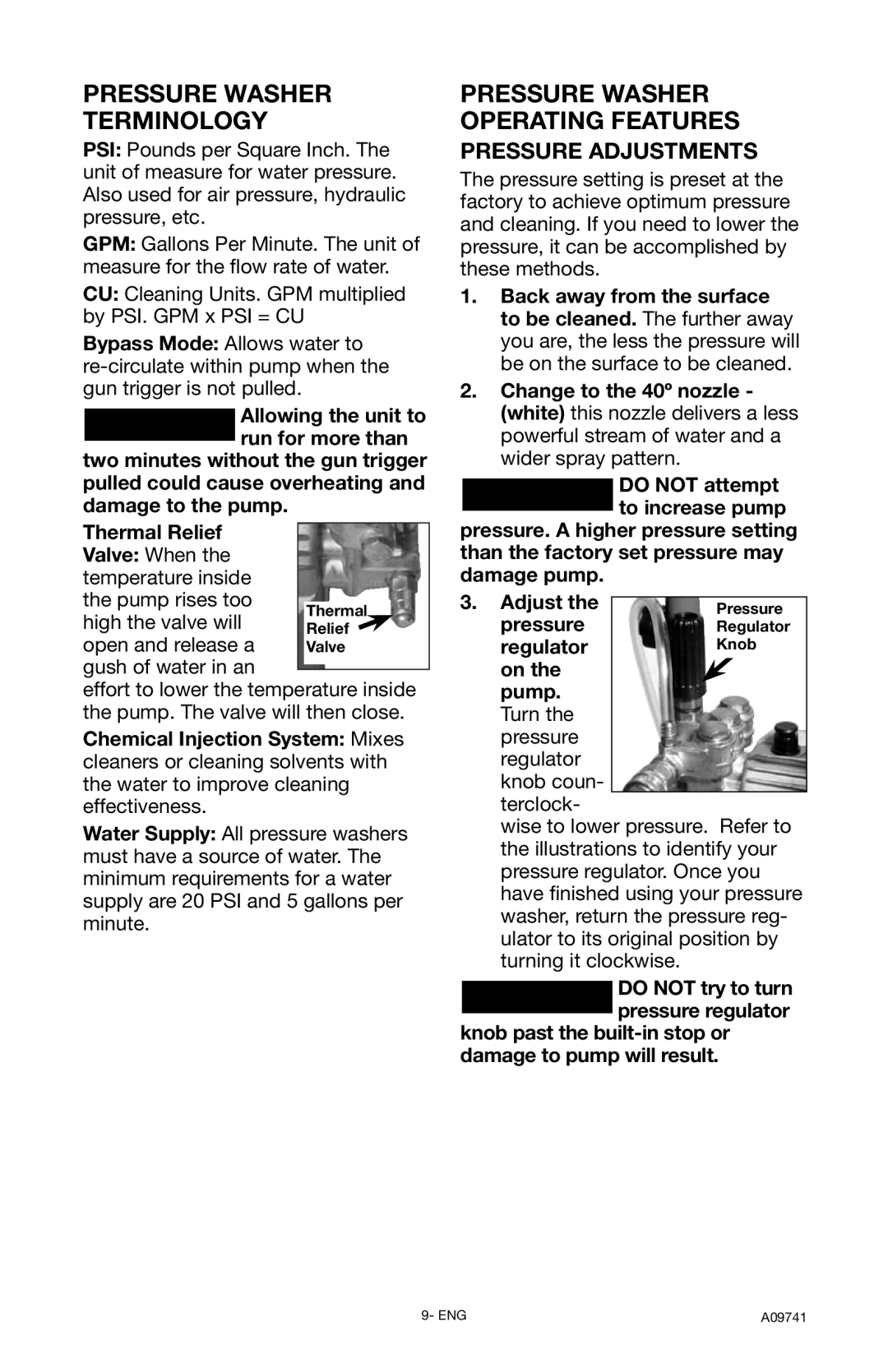 Delta D2750H instruction manual Pressure Washer Terminology, Pressure Adjustments, Regulator, Pump 