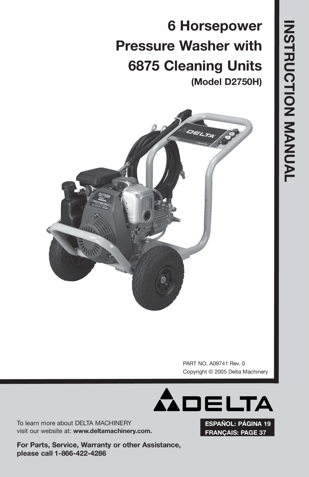 Delta instruction manual Model D2750H, Horsepower Pressure Washer with 6875 Cleaning Units, Español Página 