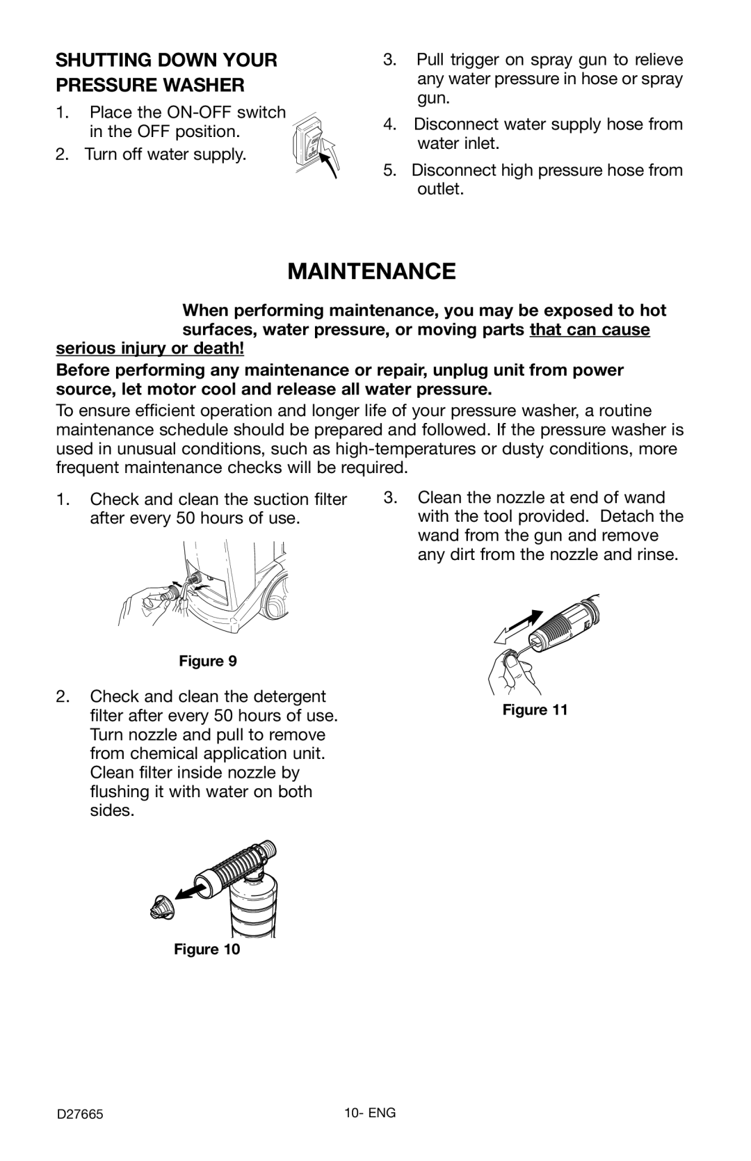 Delta D27665, D1600e instruction manual Maintenance, Shutting Down Your Pressure Washer 