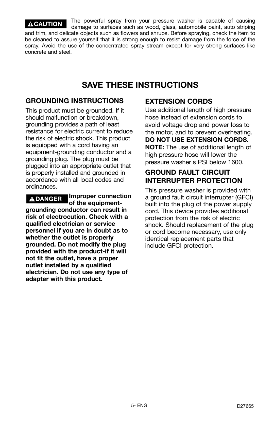 Delta D1600e, D27665 instruction manual Grounding Instructions, Extension Cords, Ground Fault Circuit Interrupter Protection 