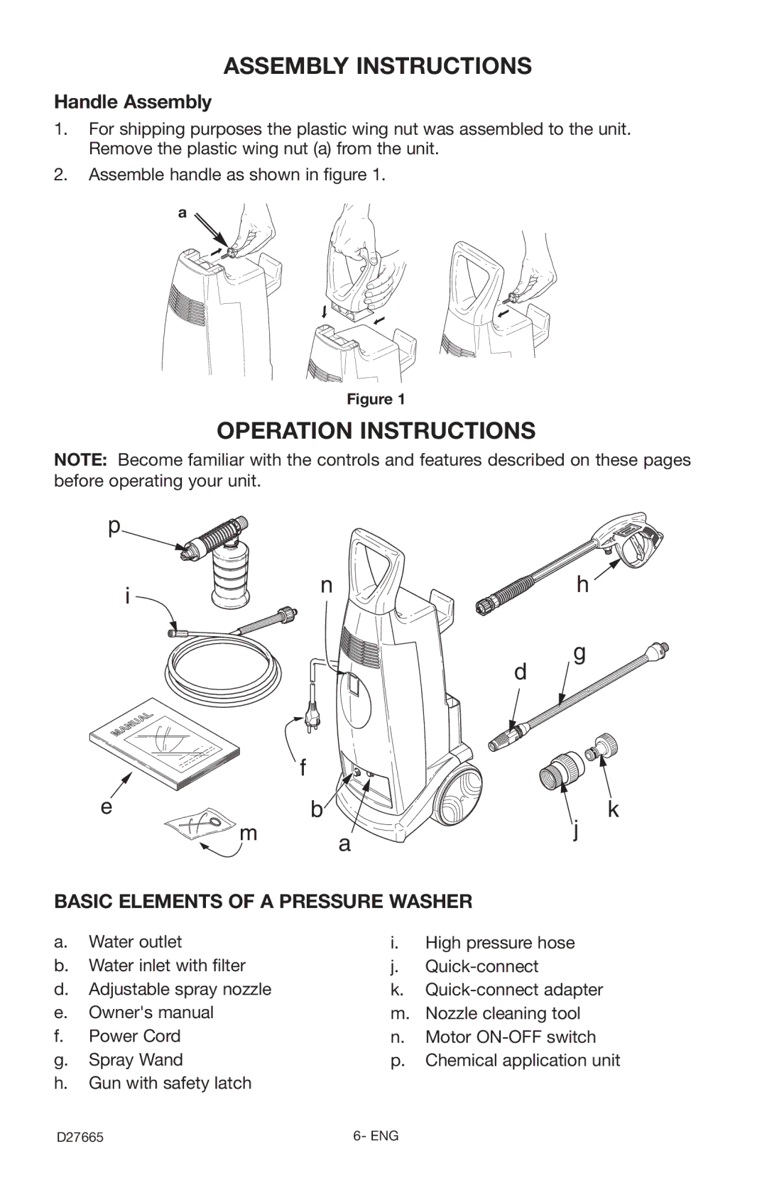 Delta D27665, D1600e instruction manual Assembly Instructions, Operation Instructions, Basic Elements of a Pressure Washer 