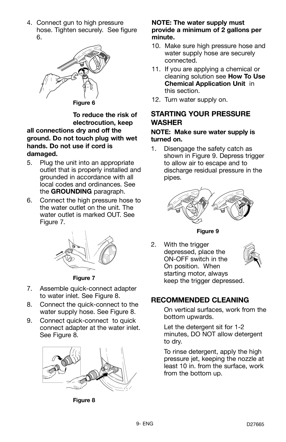 Delta D1600e, D27665 instruction manual Starting Your Pressure Washer, Recommended Cleaning 