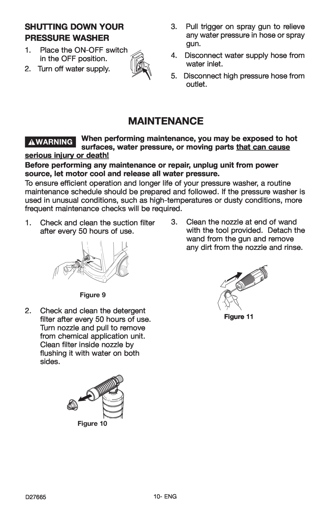 Delta D27665, D1600e instruction manual Maintenance, Shutting Down Your Pressure Washer 
