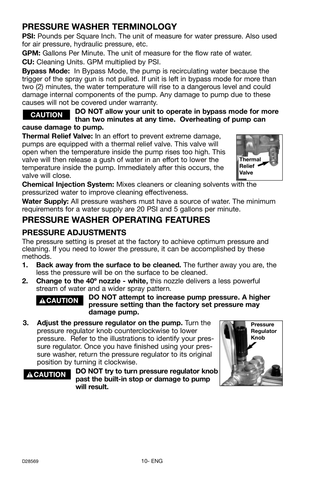 Delta D28569 instruction manual Pressure Washer Terminology, Pressure Adjustments 