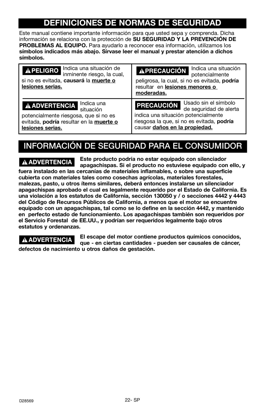 Delta D28569 instruction manual Definiciones DE Normas DE Seguridad, Información DE Seguridad Para EL Consumidor 