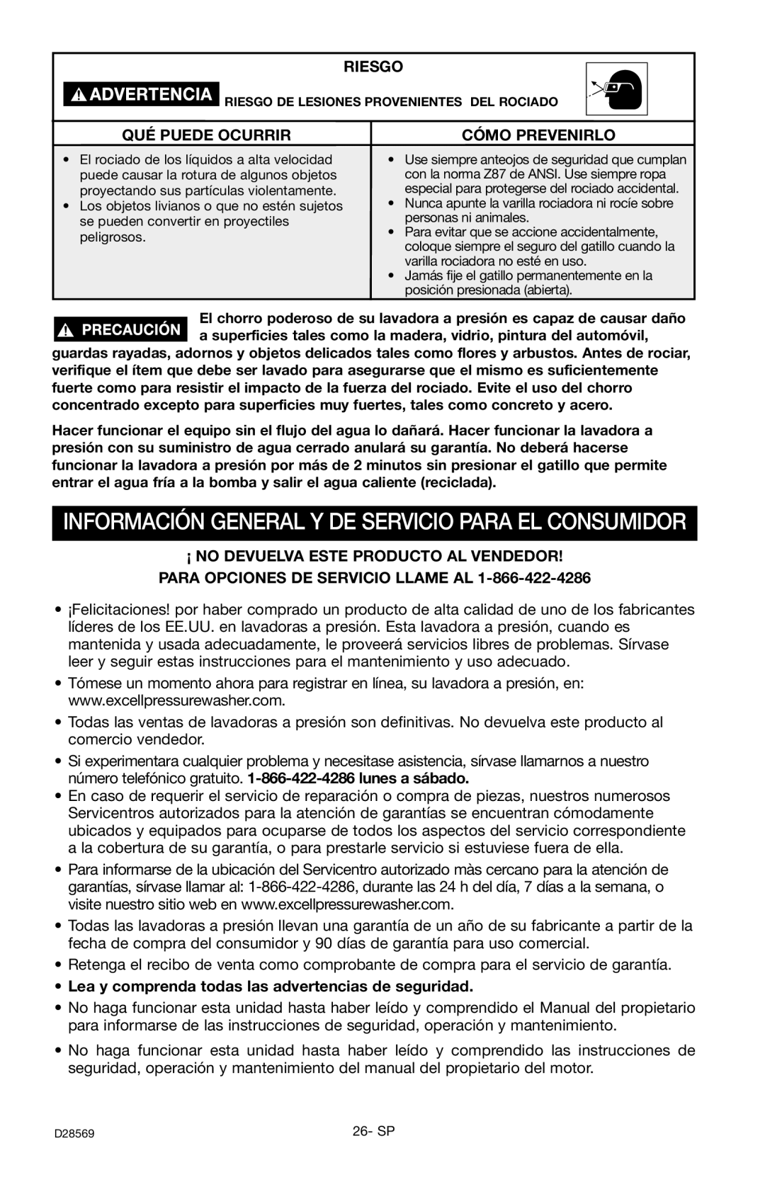 Delta D28569 Información General Y DE Servicio Para EL Consumidor, Lea y comprenda todas las advertencias de seguridad 