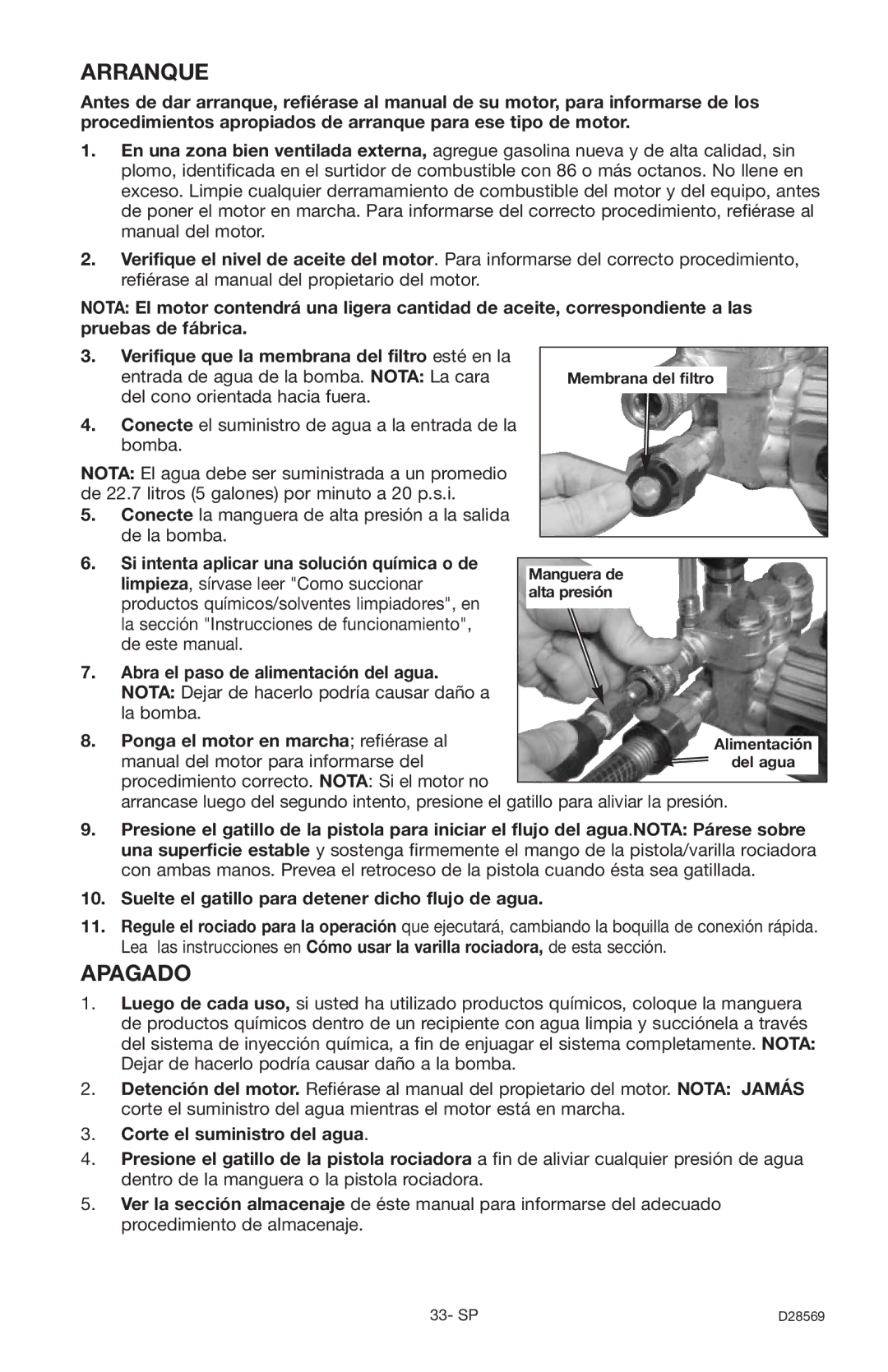 Delta D28569 Arranque, Apagado, Abra el paso de alimentación del agua, Ponga el motor en marcha refiérase al 