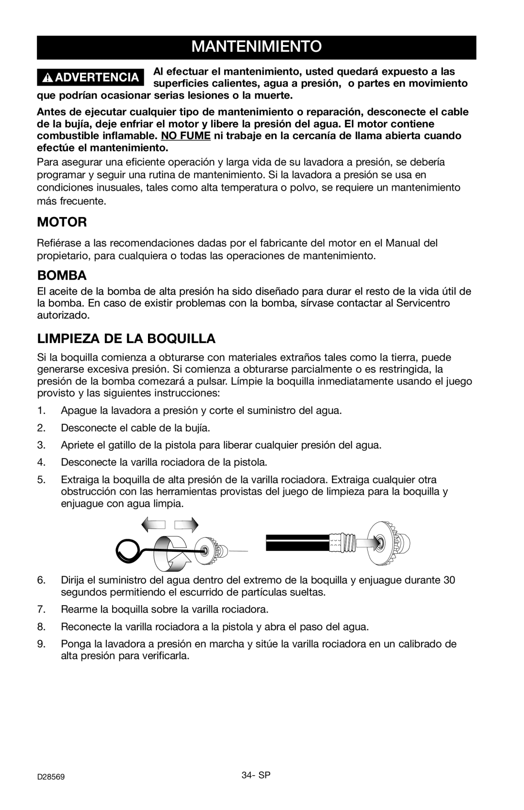 Delta D28569 instruction manual Mantenimiento, Motor, Bomba, Limpieza DE LA Boquilla 