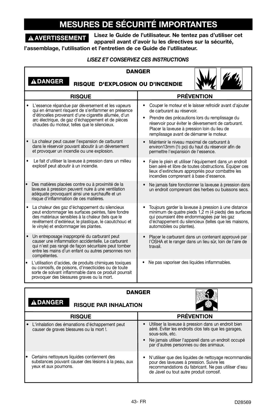 Delta D28569 instruction manual Mesures DE Sécurité Importantes, Risque Dexplosion OU D’INCENDIE, Prévention 