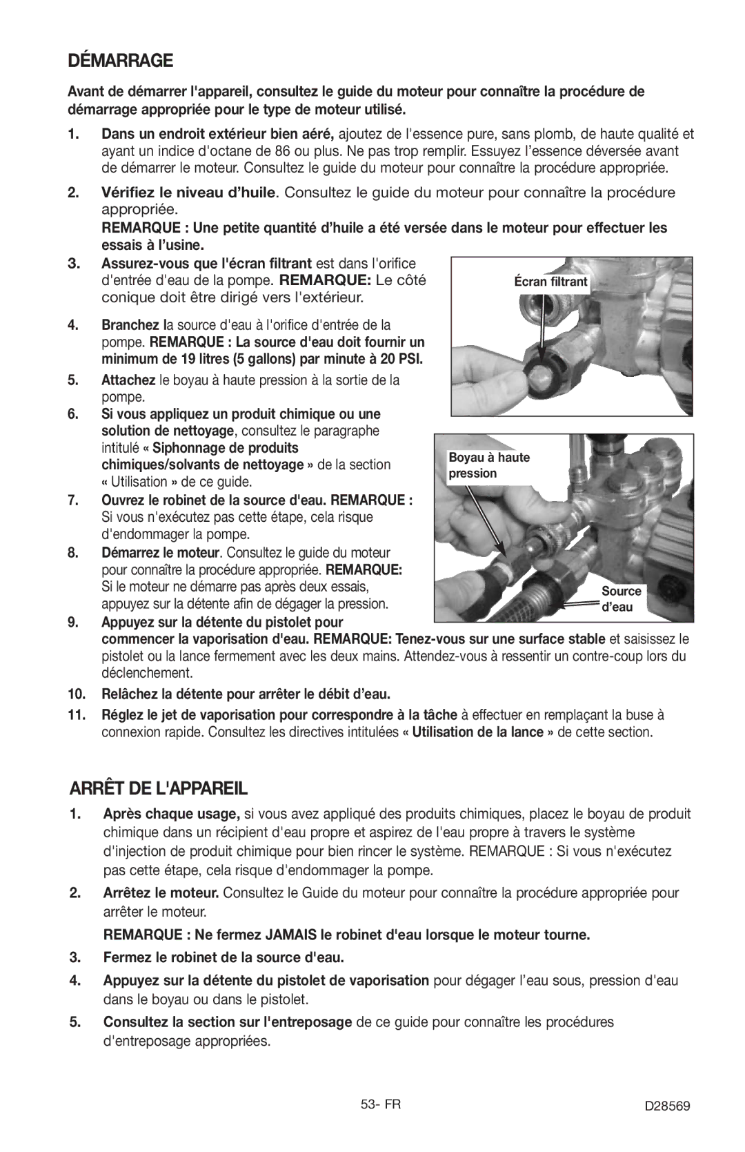 Delta D28569 instruction manual Démarrage, Arrêt DE Lappareil 