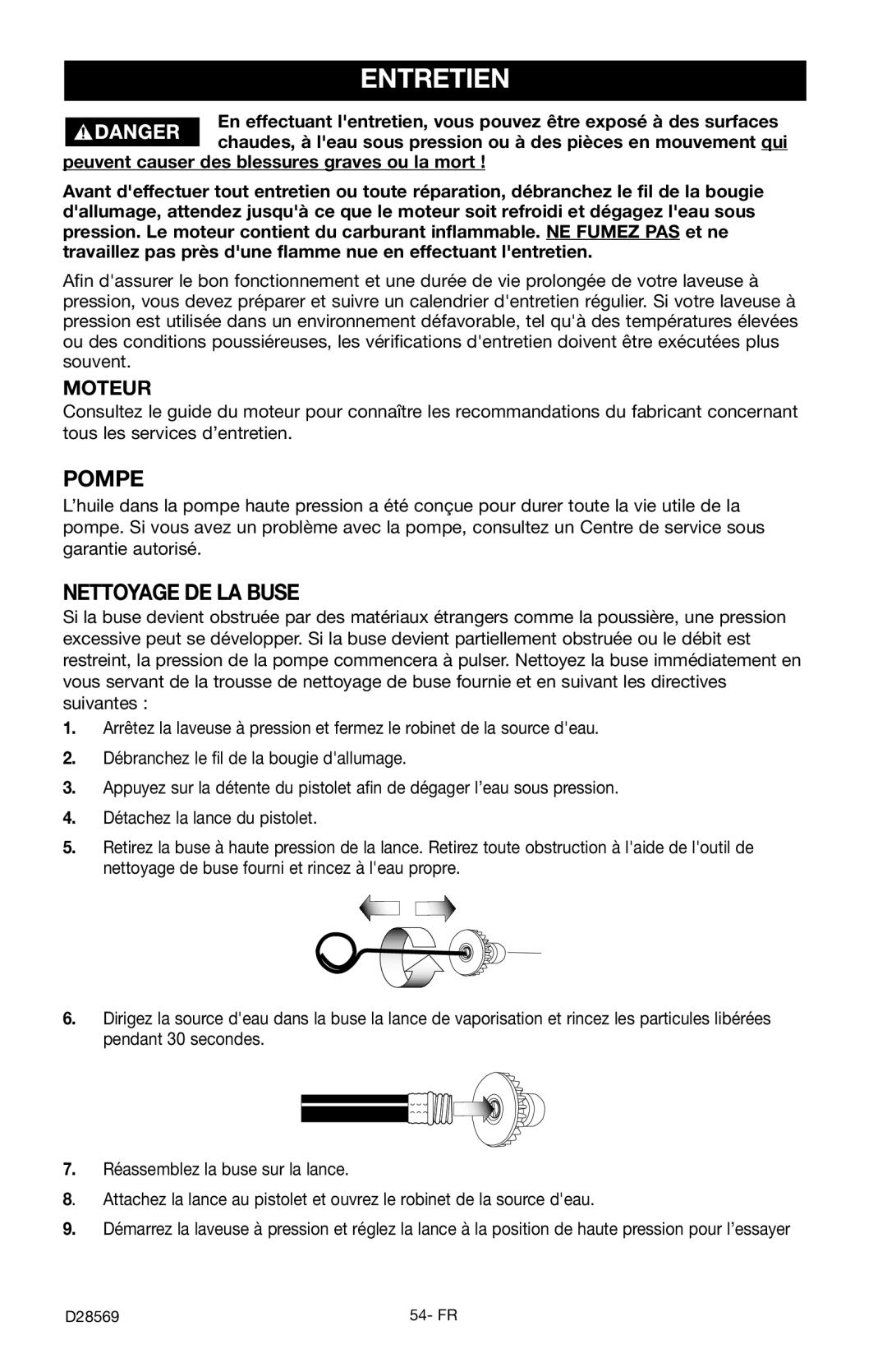 Delta D28569 Entretien, Pompe, Nettoyage DE LA Buse, Moteur, Peuvent causer des blessures graves ou la mort 