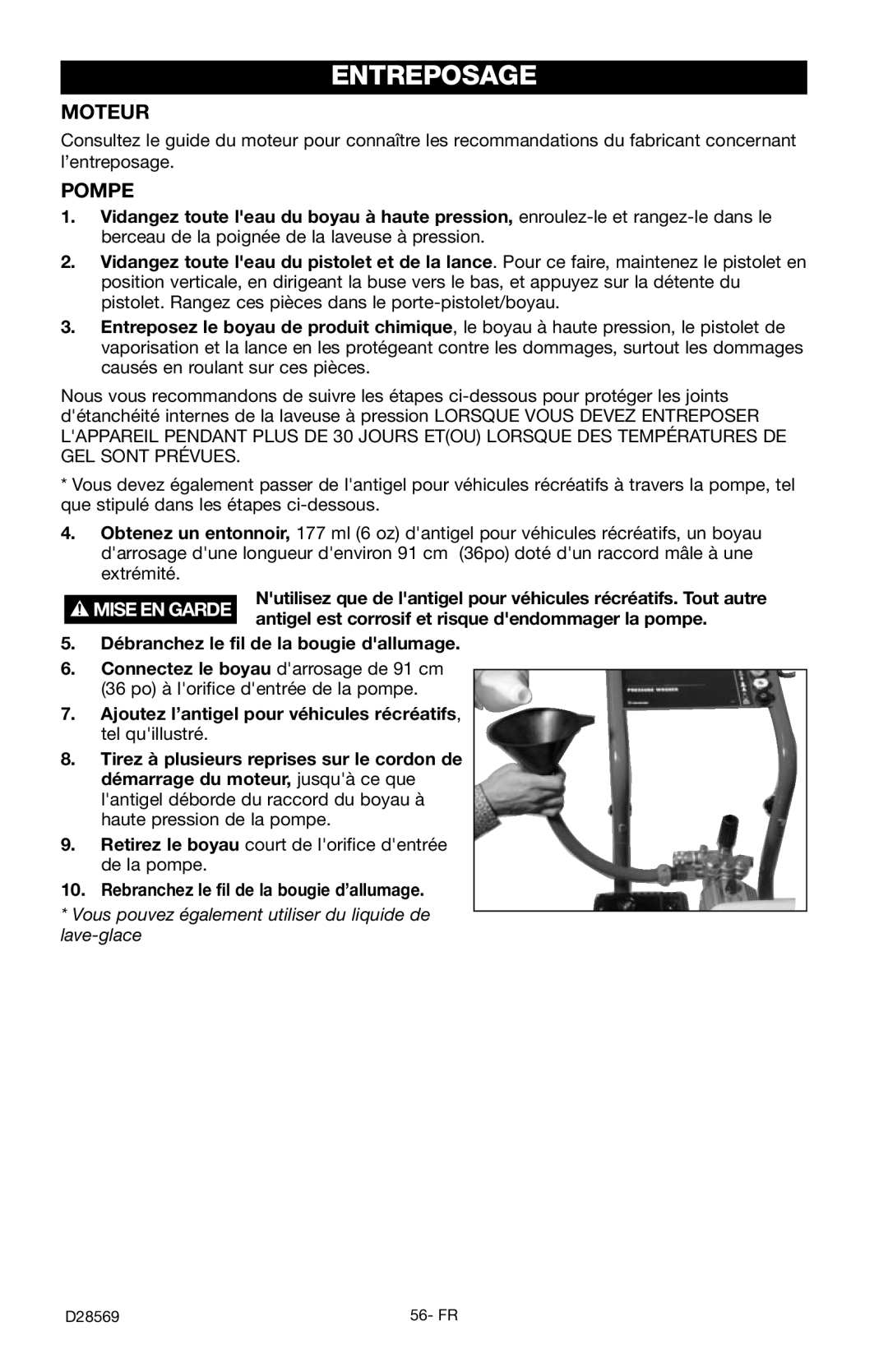 Delta D28569 instruction manual Entreposage, Pompe, Antigel est corrosif et risque dendommager la pompe 