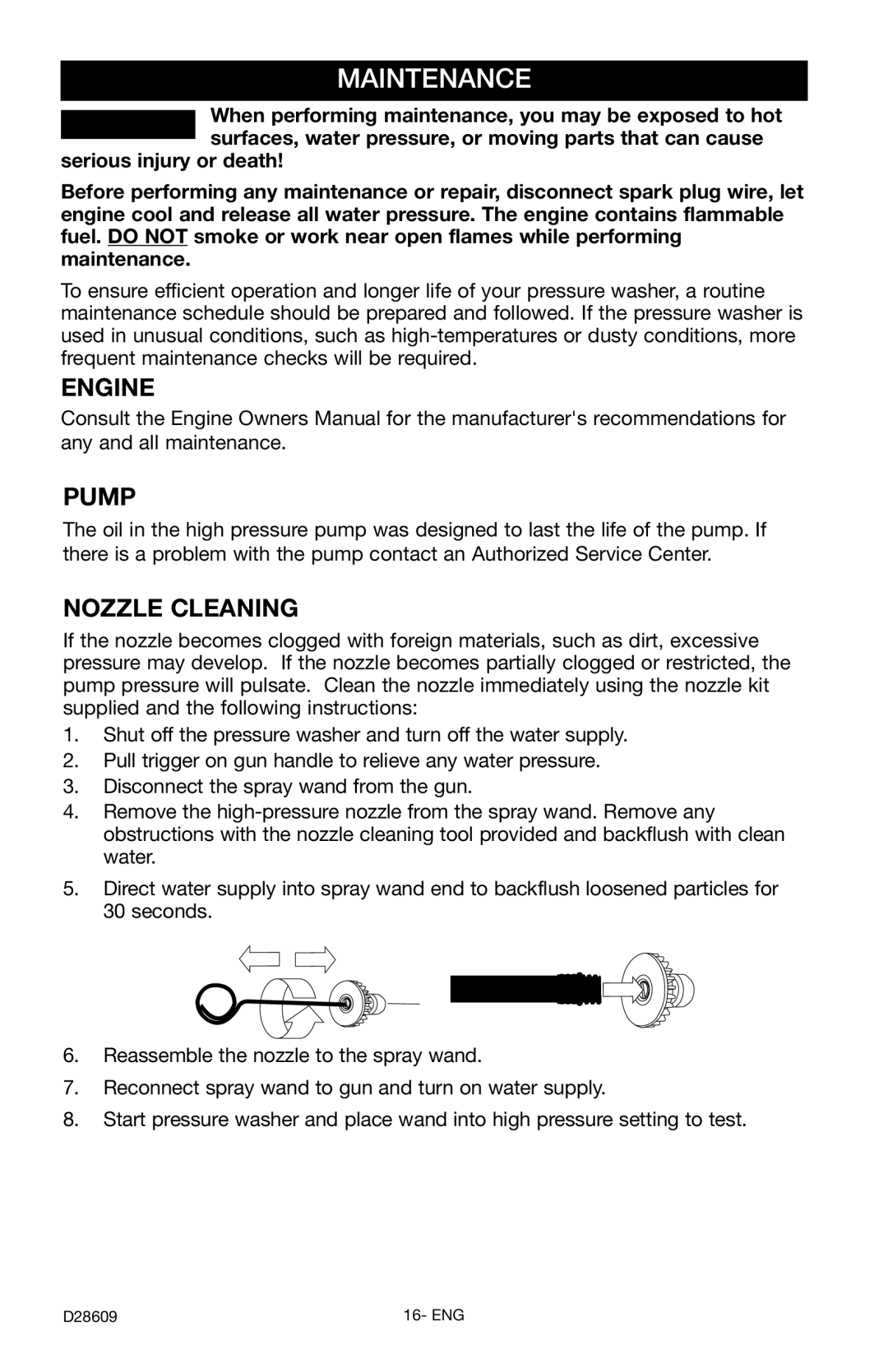 Delta D28609, D2400H instruction manual Maintenance, Engine Pump, Nozzle Cleaning 