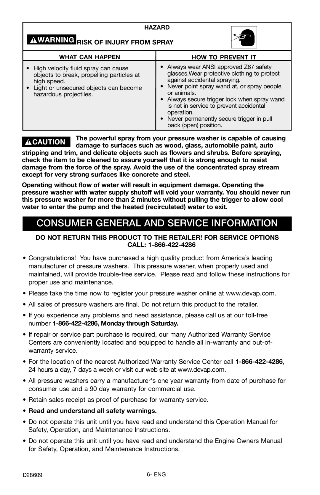 Delta D28609, D2400H instruction manual Consumer General and Service Information, Risk of Injury from Spray 