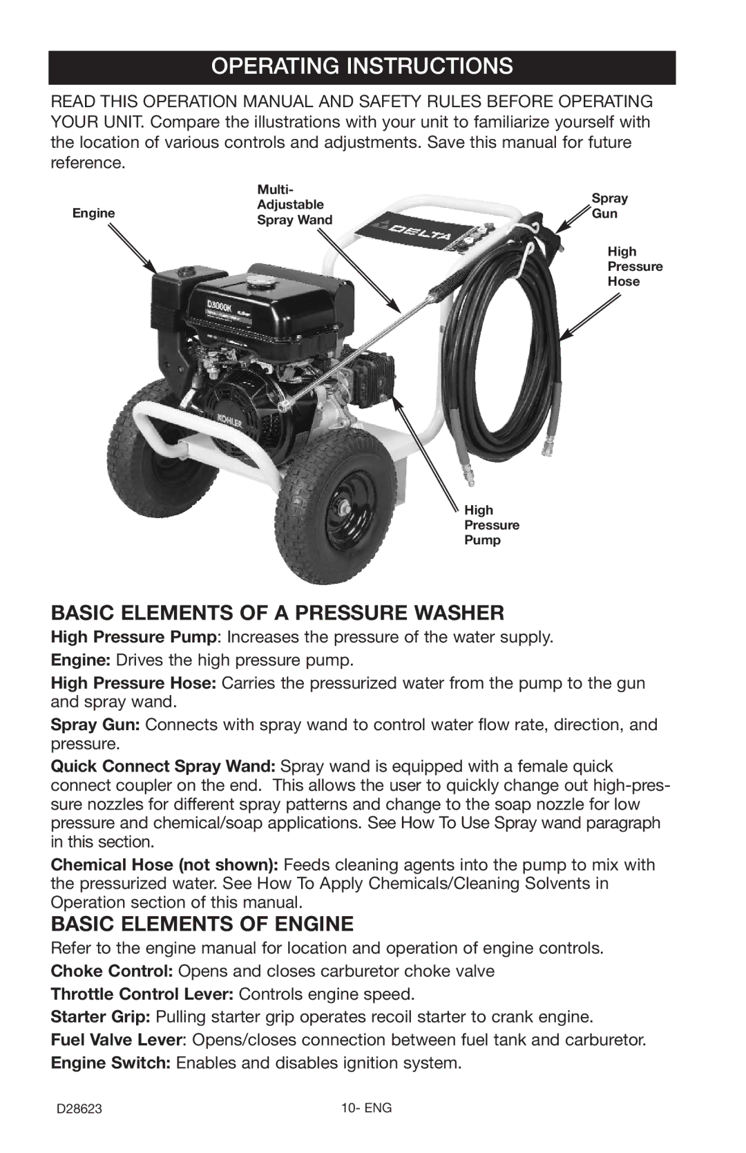 Delta D28623 instruction manual Operating Instructions, Throttle Control Lever Controls engine speed 