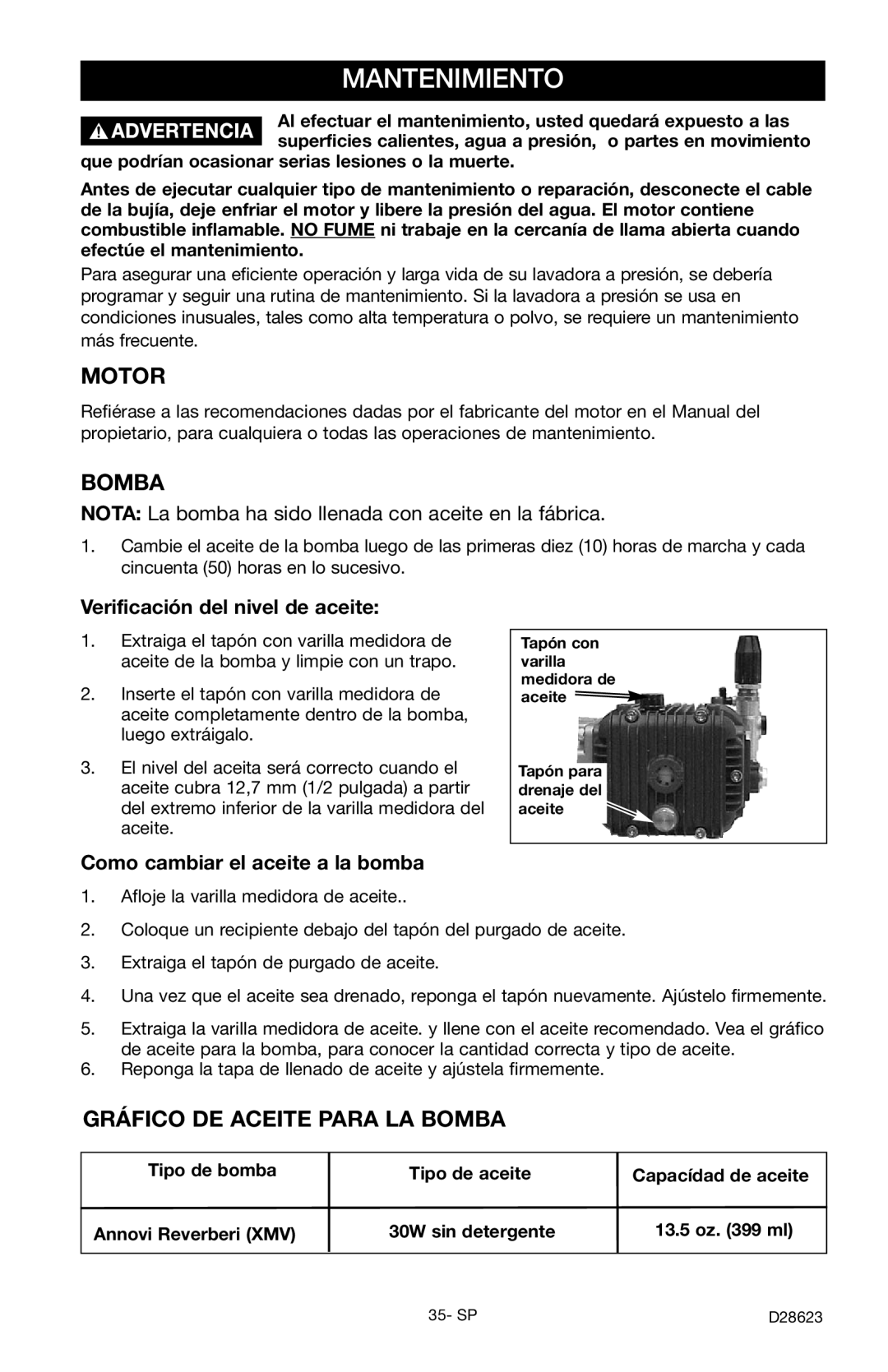 Delta D28623 instruction manual Mantenimiento, Motor, Gráfico DE Aceite Para LA Bomba 