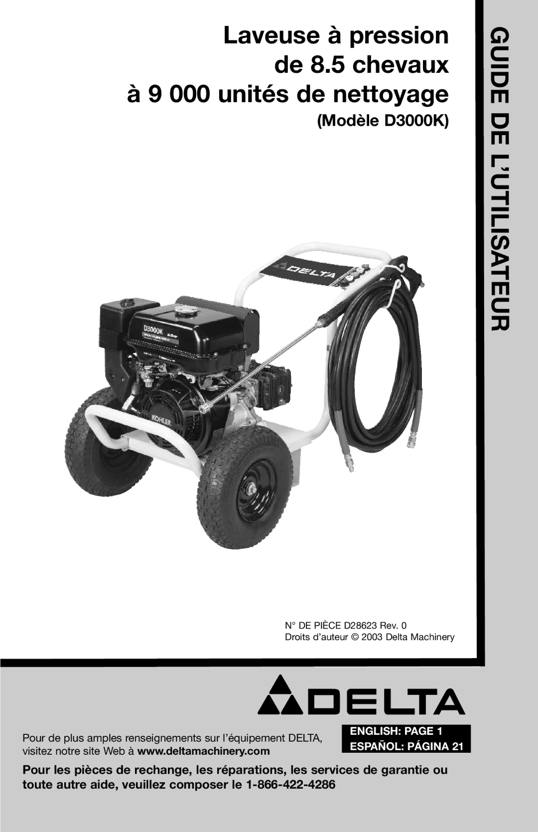 Delta D28623 instruction manual Uidg E DE ’UTILISATEUR 