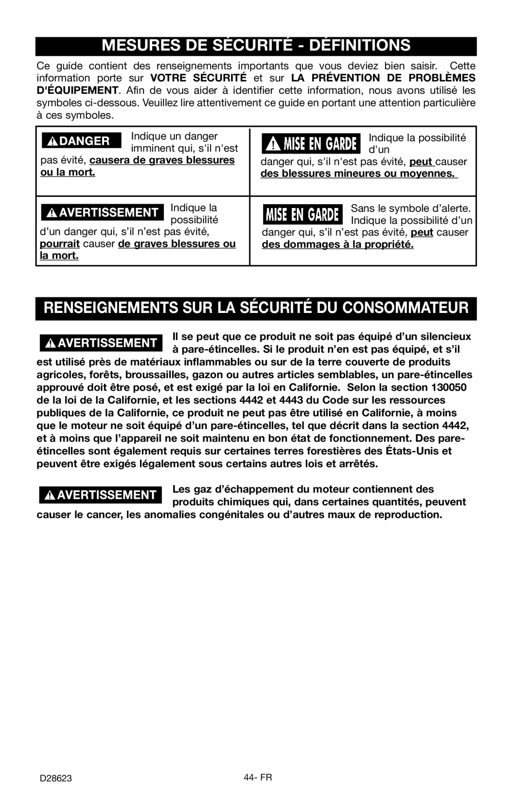 Delta D28623 Mesures DE Sécurité Définitions, Renseignements SUR LA Sécurité DU Consommateur, Ou la mort, La mort 