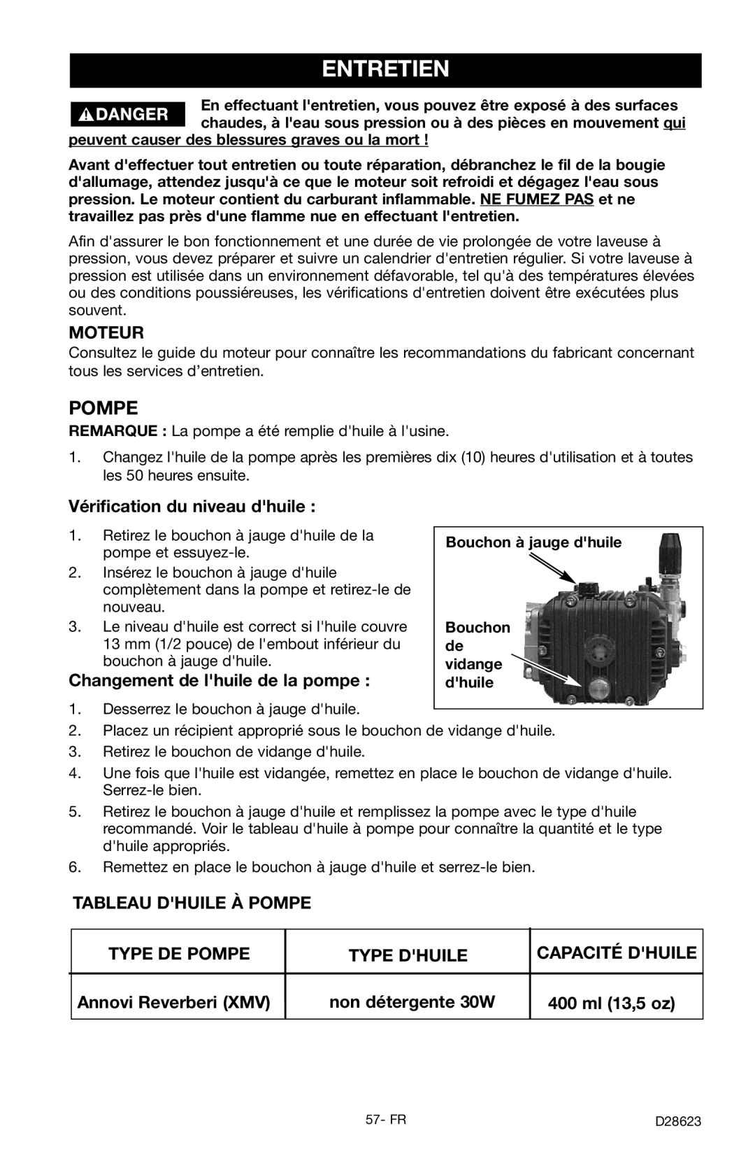 Delta D28623 instruction manual Entretien, Pompe, Moteur 