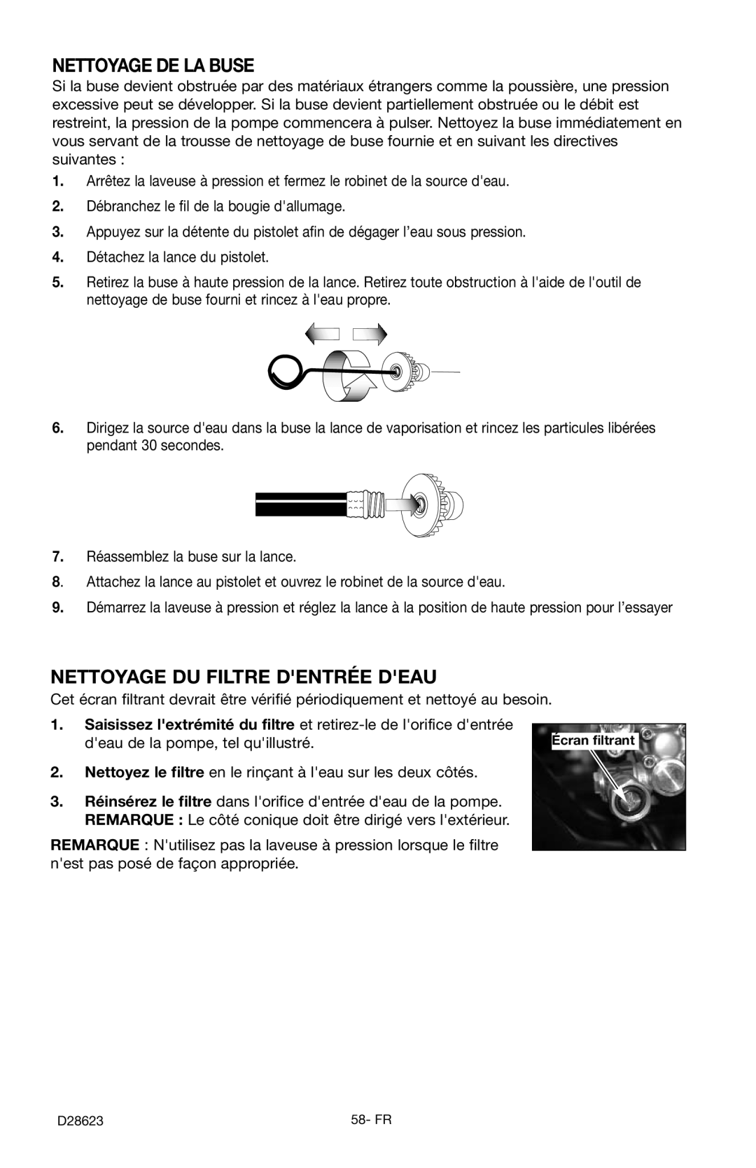 Delta D28623 instruction manual Nettoyage DE LA Buse, Nettoyage DU Filtre Dentrée Deau 