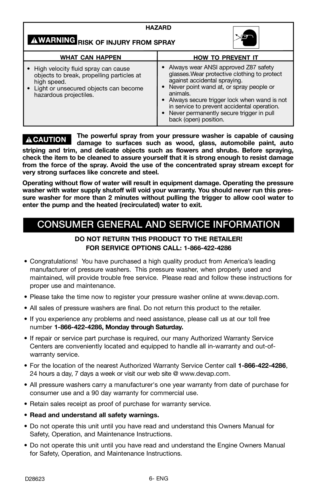 Delta D28623 Consumer General and Service Information, Risk of Injury from Spray, Read and understand all safety warnings 