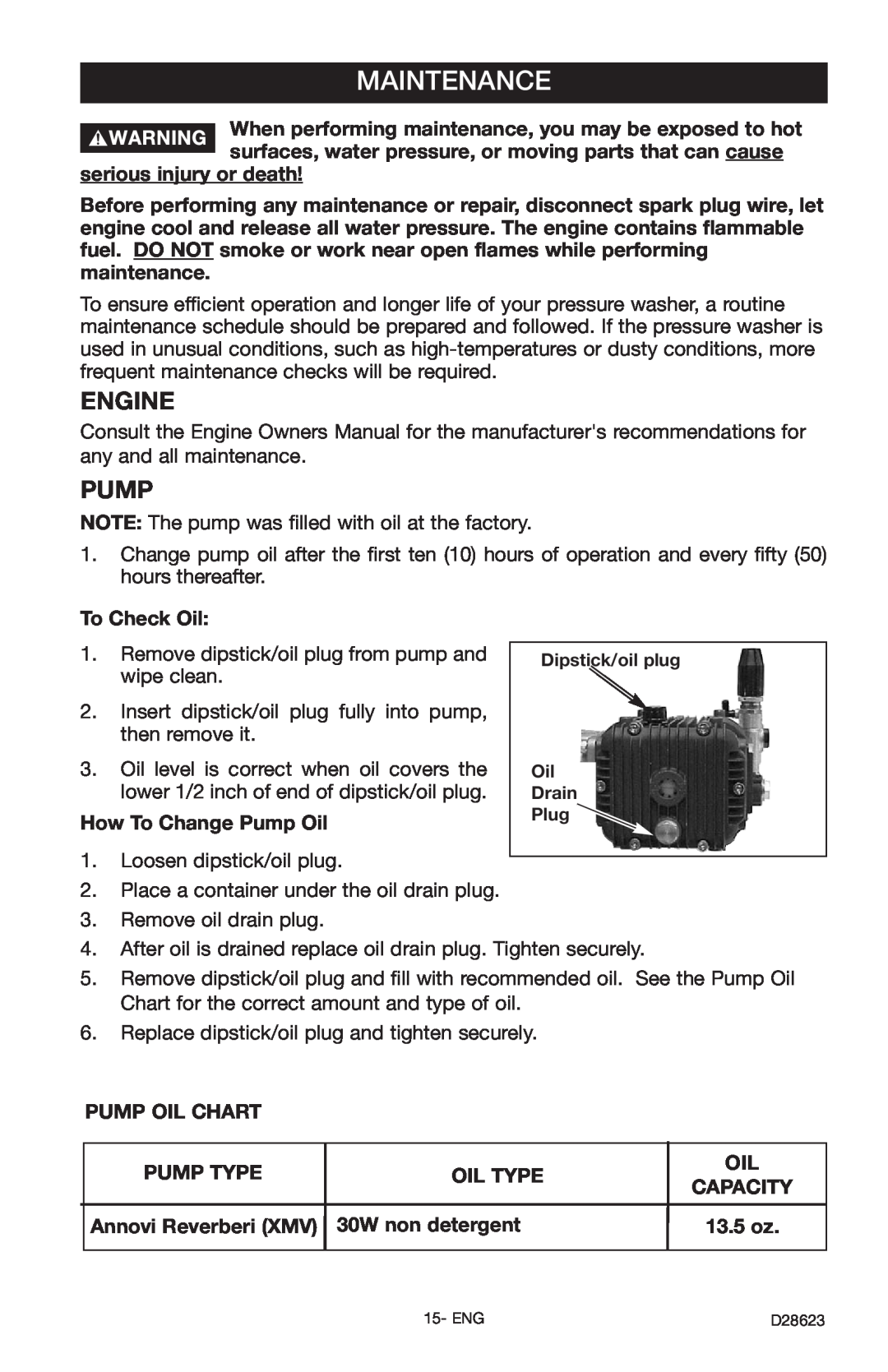 Delta D28623 instruction manual Maintenance, Engine, Pump 
