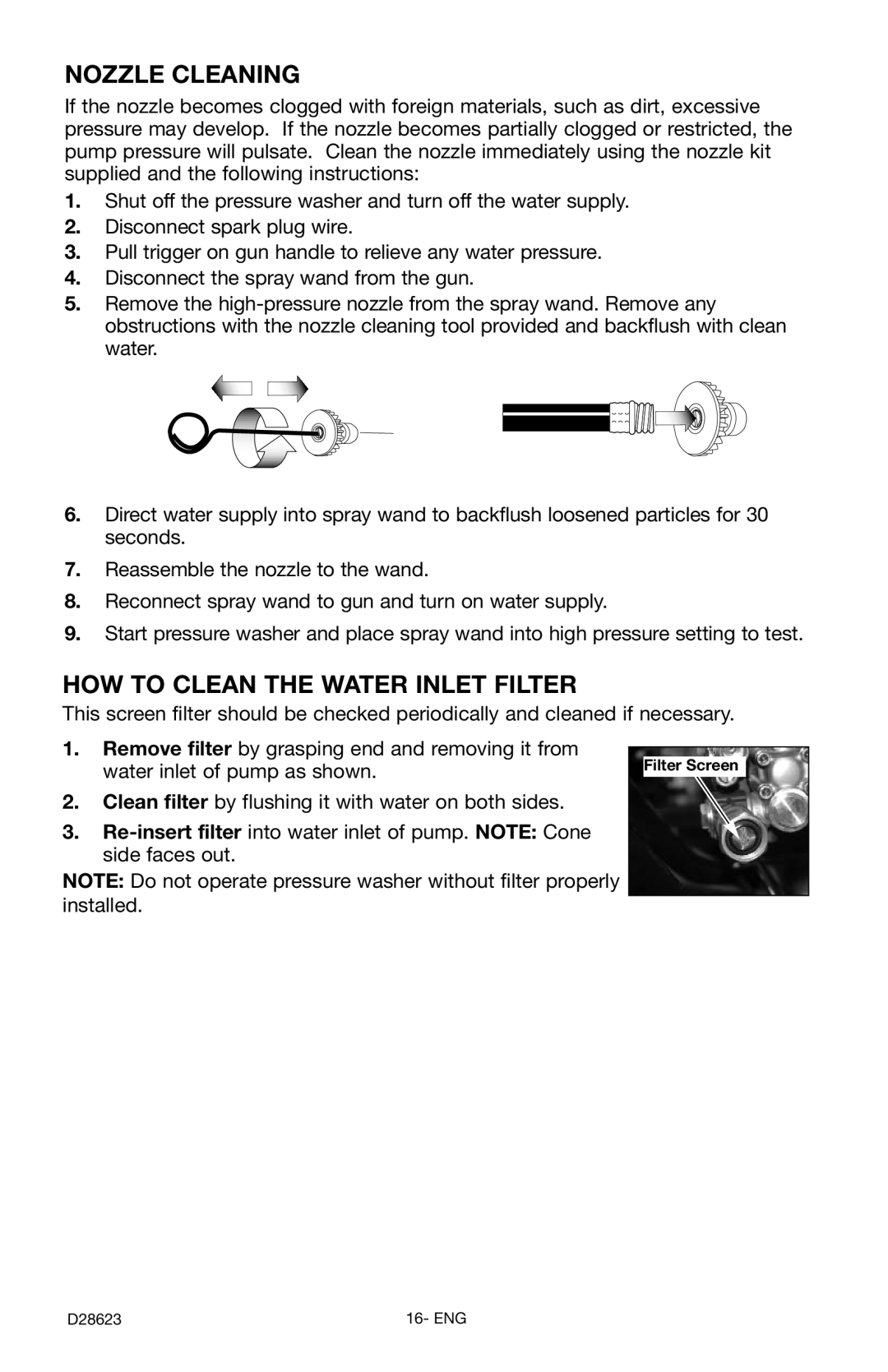 Delta D28623 instruction manual Nozzle Cleaning, How To Clean The Water Inlet Filter 