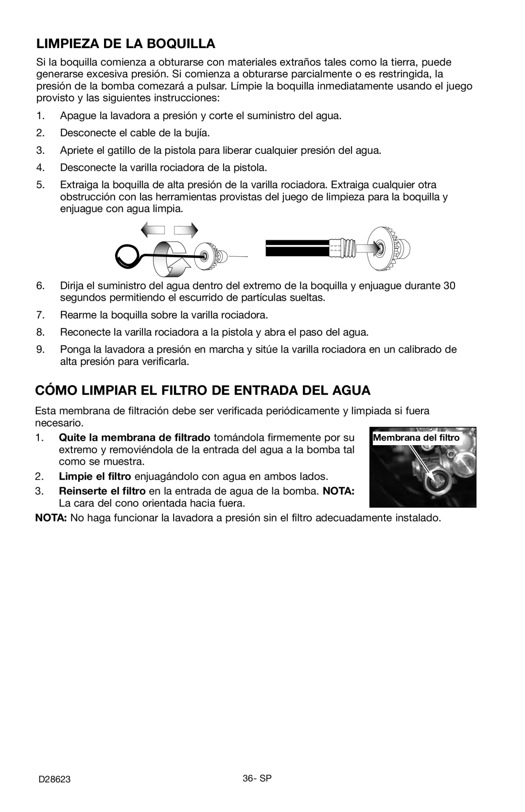 Delta D28623 instruction manual Limpieza De La Boquilla, Cómo Limpiar El Filtro De Entrada Del Agua 