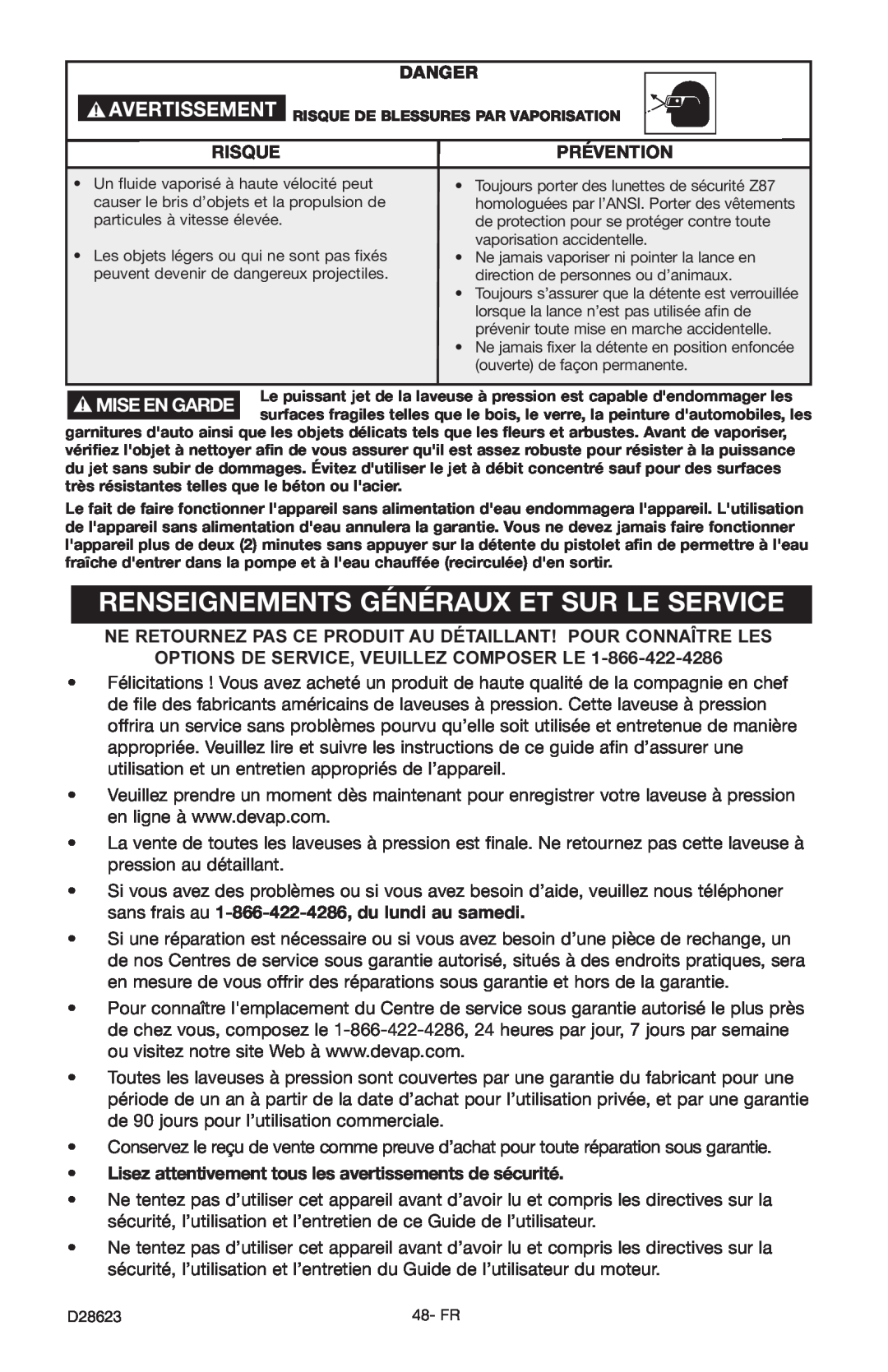 Delta D28623 instruction manual Renseignements Généraux Et Sur Le Service, Danger, Risque, Prévention 