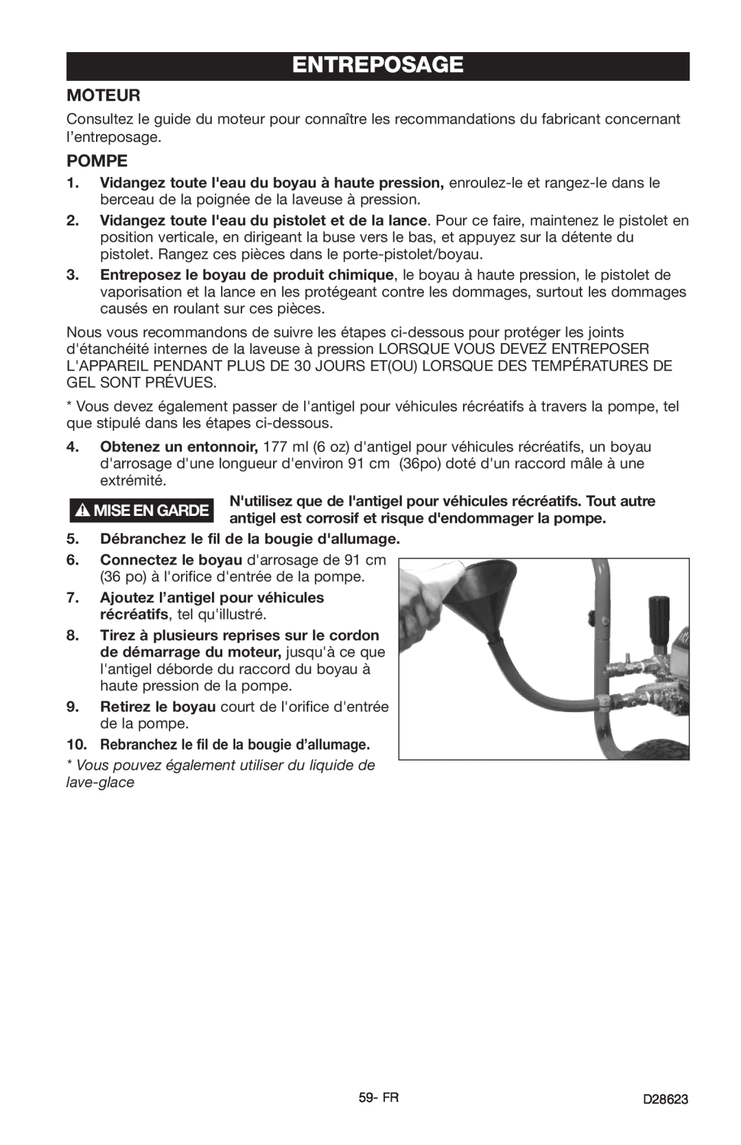 Delta D28623 instruction manual Entreposage, Mise En Garde, antigel est corrosif et risque dendommager la pompe 