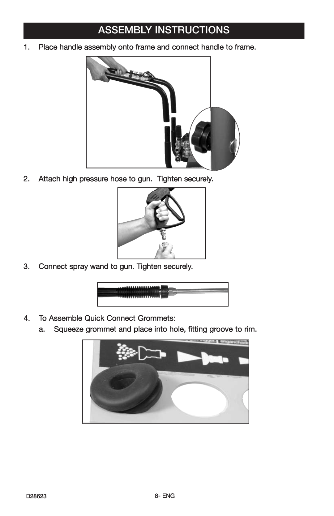 Delta D28623 instruction manual Assembly Instructions, Place handle assembly onto frame and connect handle to frame 