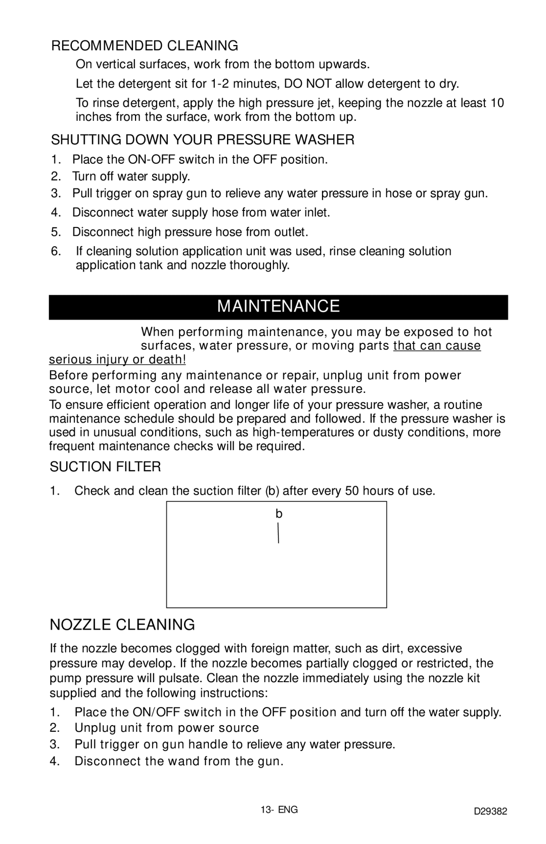 Delta D29382 instruction manual Maintenance, Recommended Cleaning, Shutting Down Your Pressure Washer, Suction Filter 