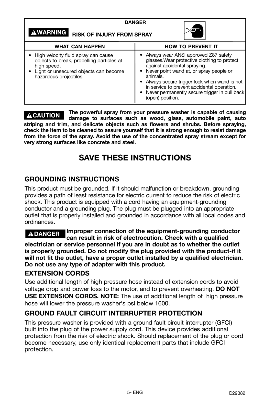 Delta D29382 instruction manual Grounding Instructions, Extension Cords, Ground Fault Circuit Interrupter Protection 