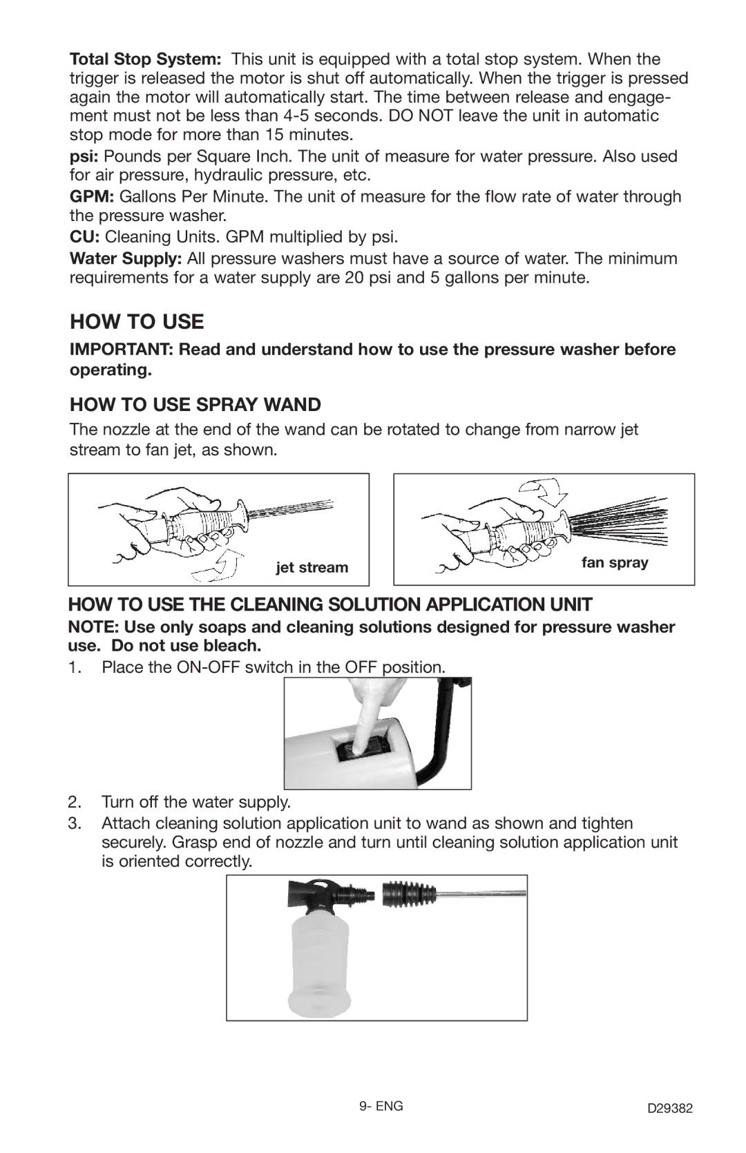 Delta D29382 instruction manual HOW to USE Spray Wand, HOW to USE the Cleaning Solution Application Unit 