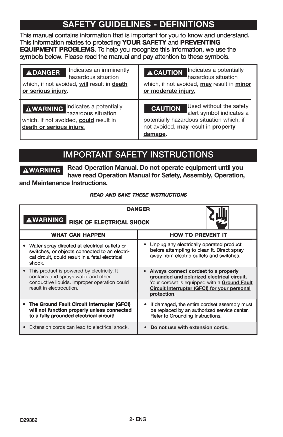 Delta D29382 Safety Guidelines - Definitions, Important Safety Instructions, and Maintenance Instructions 